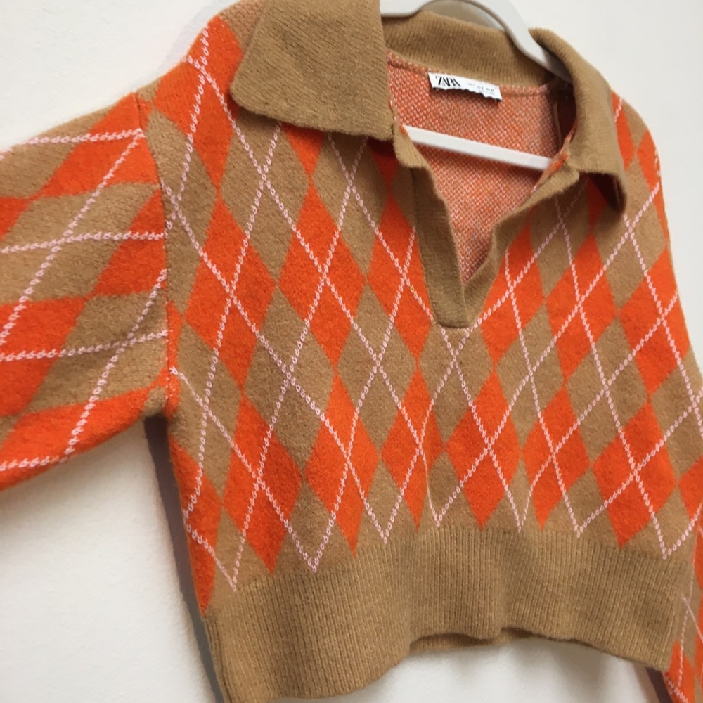 Zara Alpaca Wool Blend Argyle Crop Sweater Medium Tan Orange Stretch Cozy Fall - Picture 4 of 8